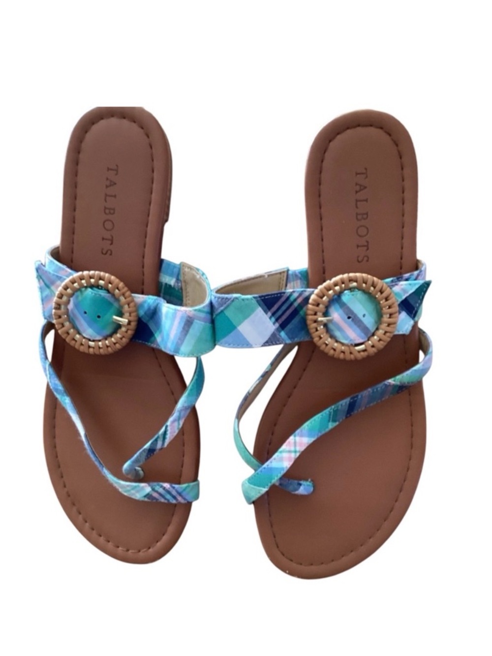 Talbots Turquoise & Blue/Madras Plaid Slide Sandals with Woven Buckle